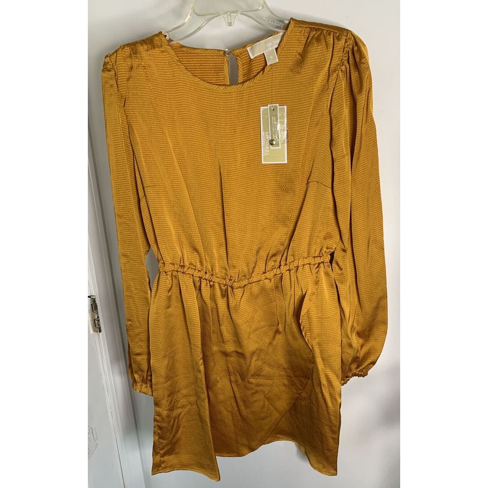 MICHAEL KORS Blouson Sleeve Satin Flounce Dress Marigold Size Medium